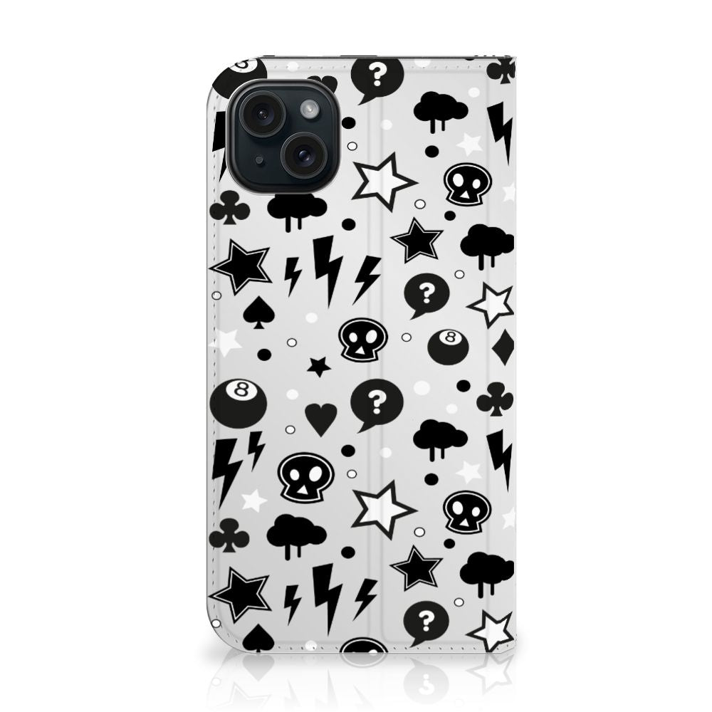 Mobiel BookCase iPhone 15 Plus Silver Punk met zwart-witte iconen zoals bliksem en sterren ⚡🌟.