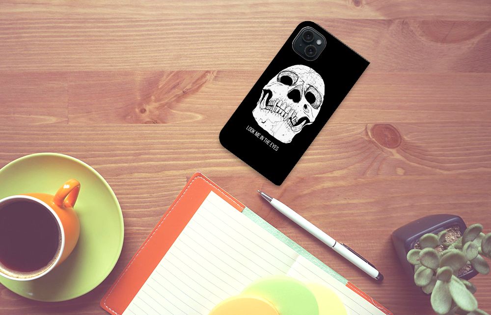 Mobiel BookCase iPhone 15 Plus Skull Eyes telefoonhoesje design Skull Eyes bovenaanzicht