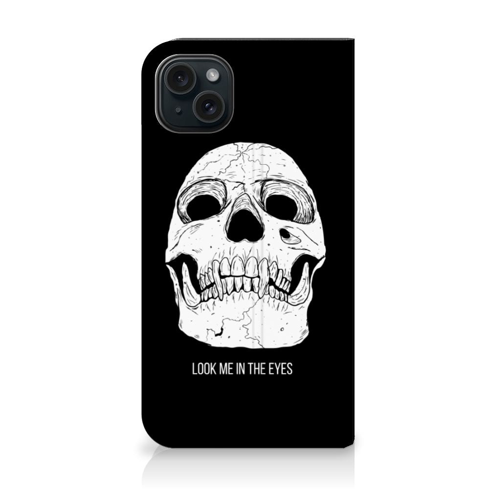 Mobiel BookCase iPhone 15 Plus Skull Eyes achterkant ontwerp