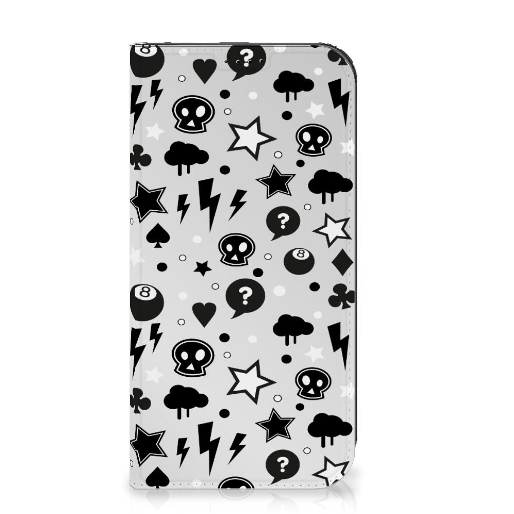 Mobiel BookCase iPhone 15 Pro Max Silver Punk design zwart wit vooraanzicht