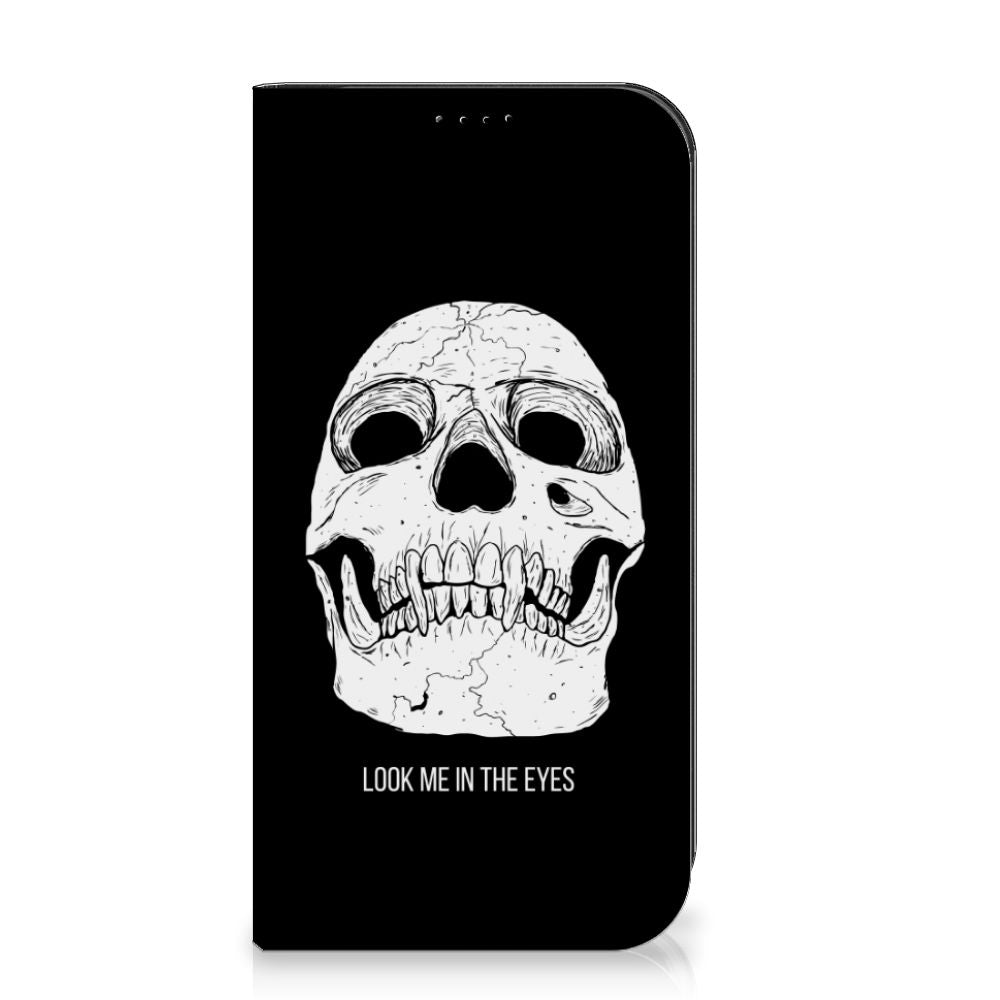 Mobiel BookCase iPhone 15 Pro Max Skull Eyes voorzijde design skull