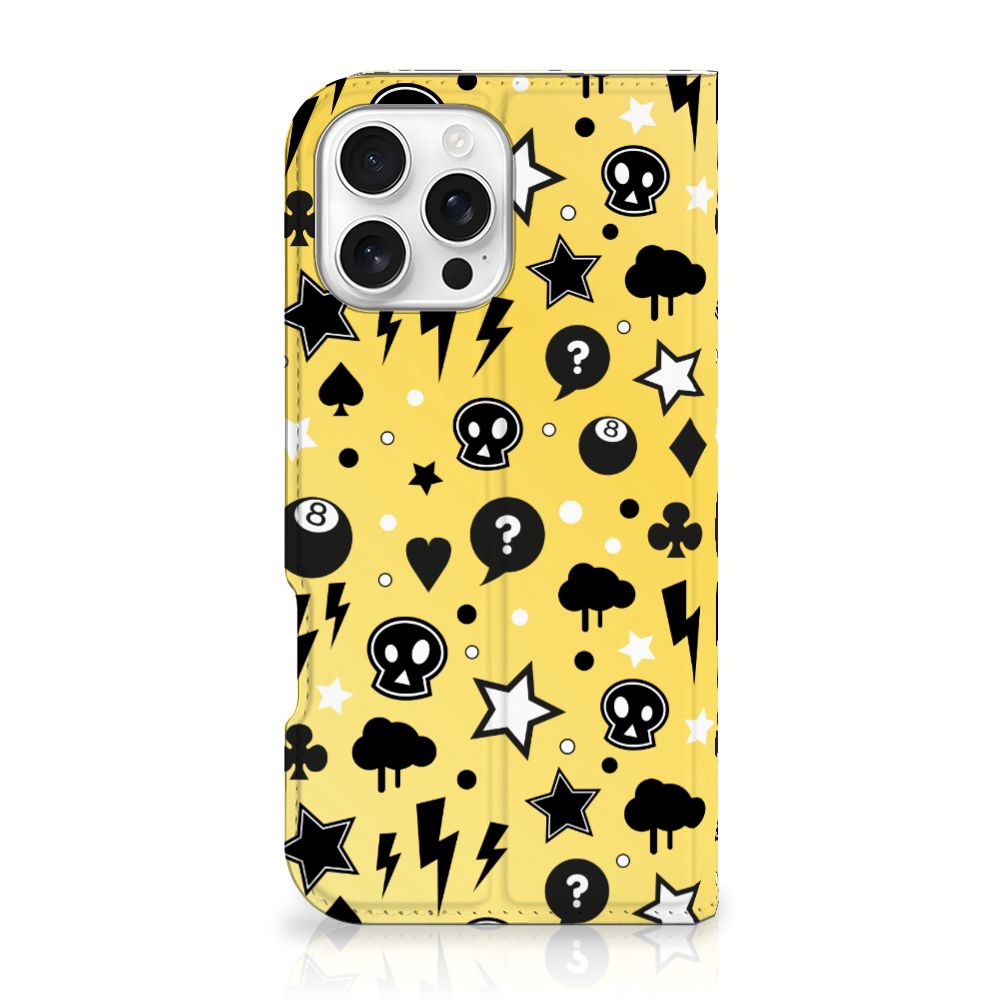 Mobiel BookCase iPhone 16 Pro Max Punk Geel design punk geel aanzicht