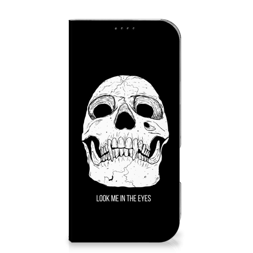 Mobiel BookCase iPhone 16 Pro Max Skull Eyes voorkant design skull
