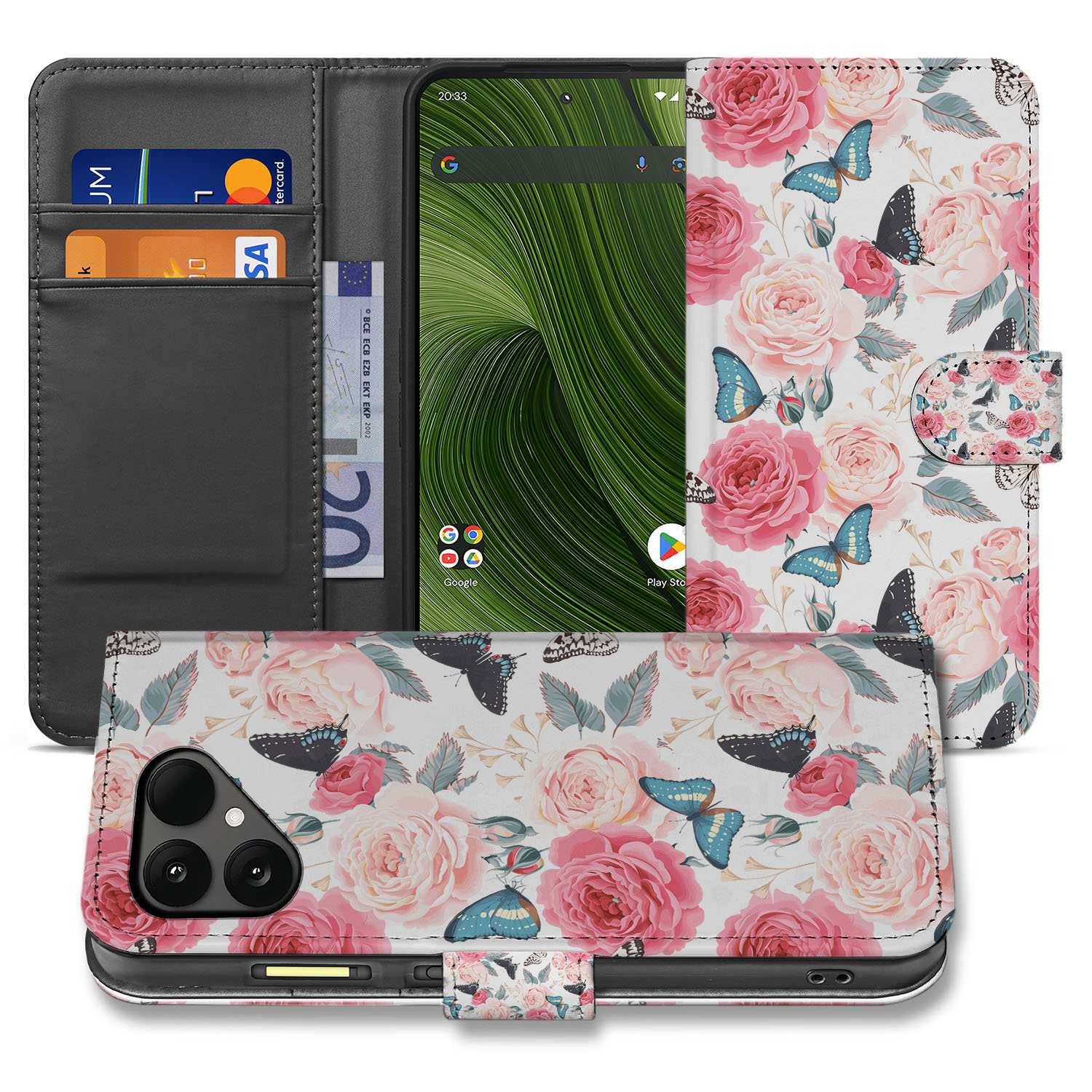 Mooi Roze Butterfly Roses Book Case Voor Fairphone 6 boekcase vlinders rozen aanzicht