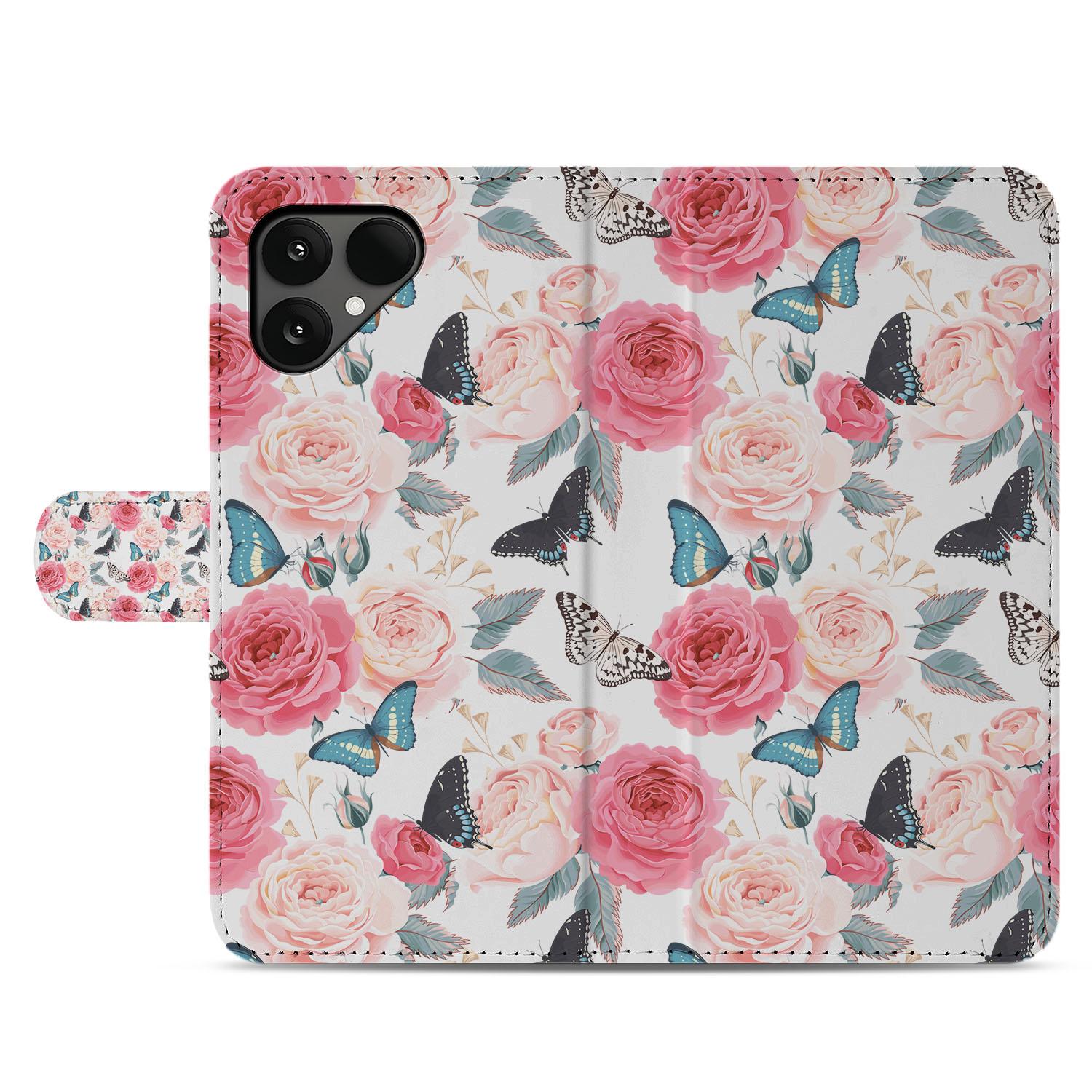 Mooi Roze Butterfly Roses Book Case Voor Fairphone 6 design vlinders rozen aanzicht