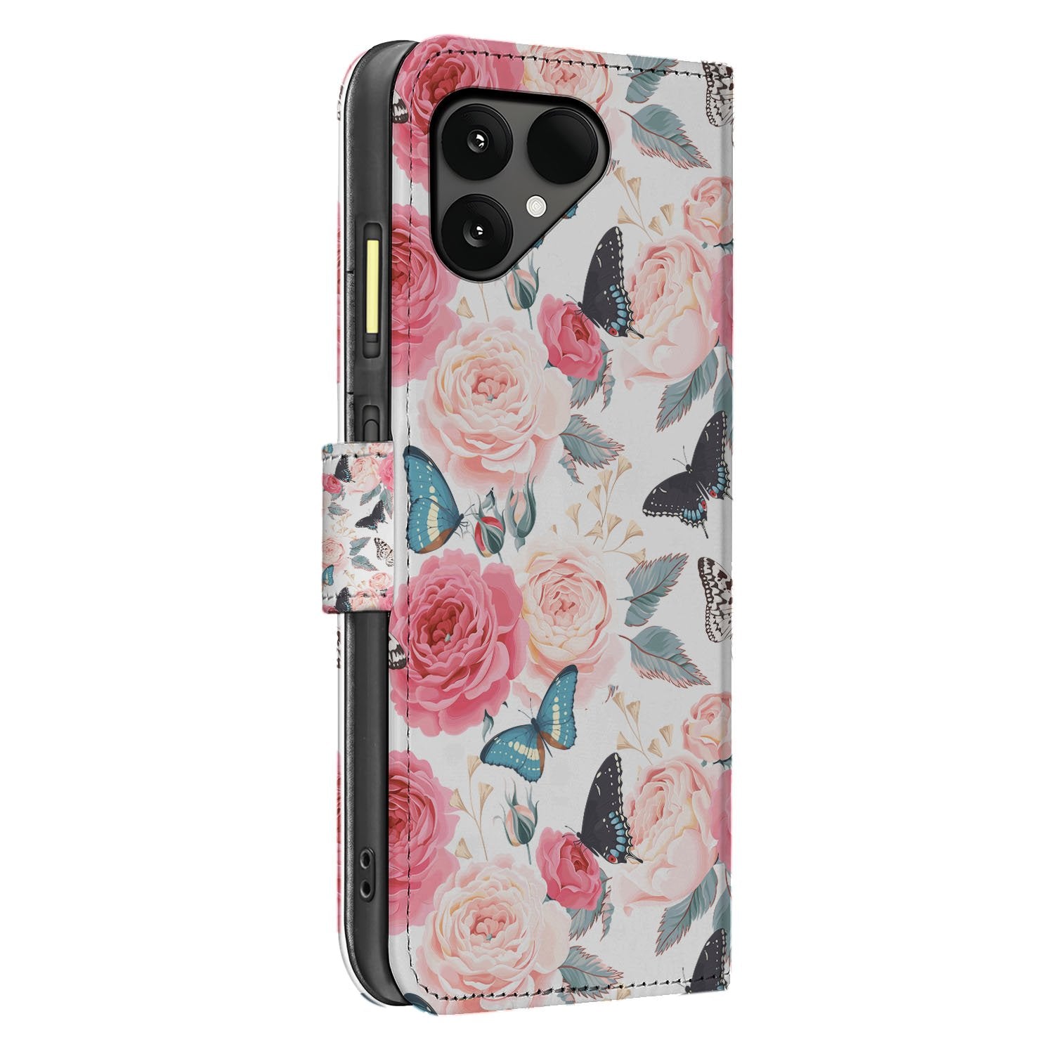 Fairphone 6 Mooi Roze Butterfly Roses Book Case Voor Fairphone 6 Inclusief Ruimte Voor Pasjes En Briefgeld zijkant