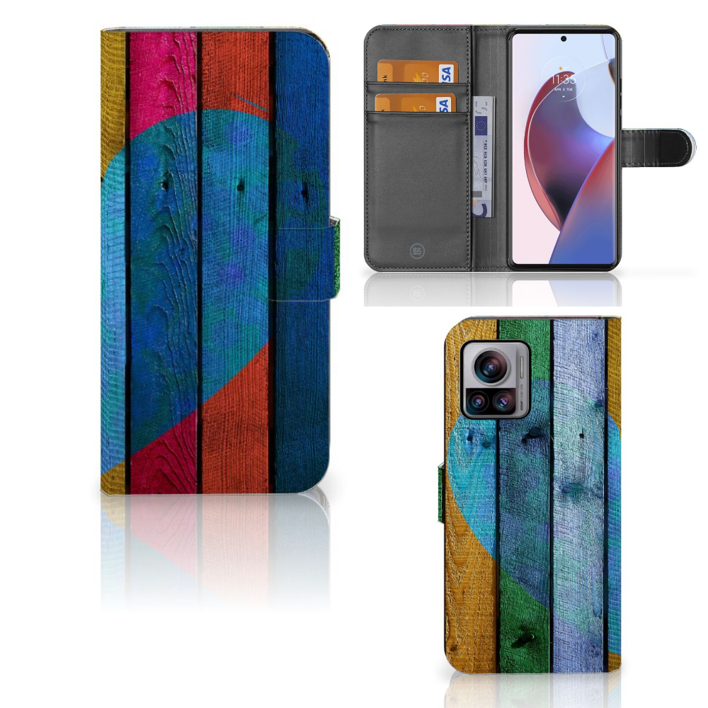 Motorola Edge 30 Ultra Book Style Case Wood Heart voorzijde binnenzijde zijkant