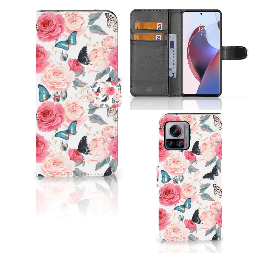 Motorola Edge 30 Ultra Hoesje Butterfly Roses case design roze vlinders rozen aanzicht