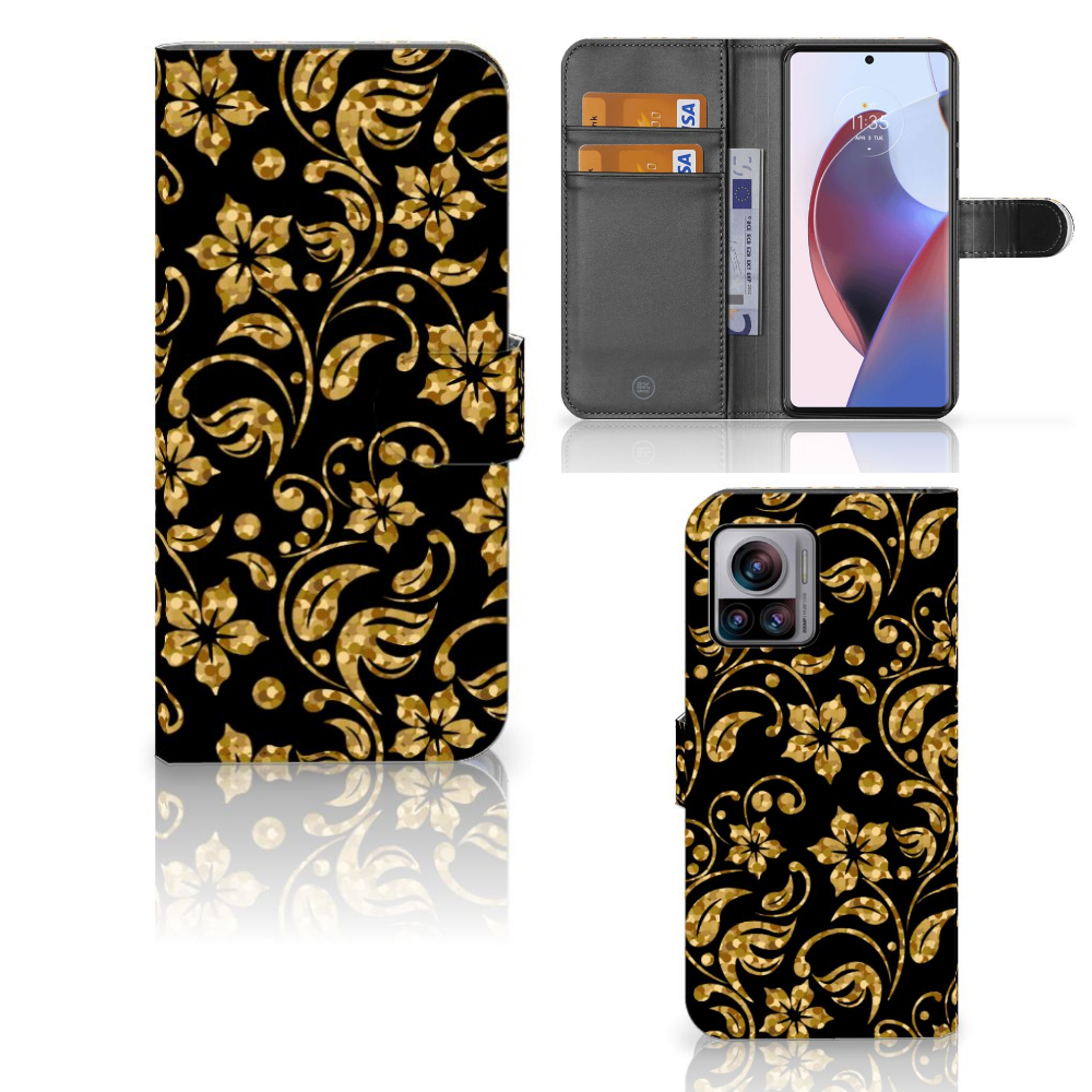 Motorola Edge 30 Ultra Hoesje Gouden Bloemen design voorzijde zijaanzicht