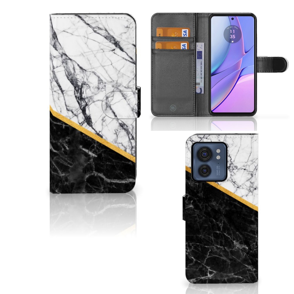 Motorola Edge 40 Bookcase Marmer Wit Zwart design boekcase voorkant binnenkant