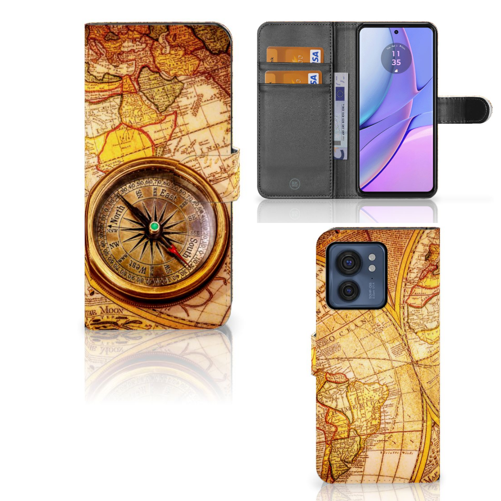 Motorola Edge 40 Flip Cover Kompas met vintage wereldkaart en kompasdesign voor bescherming en stijl.