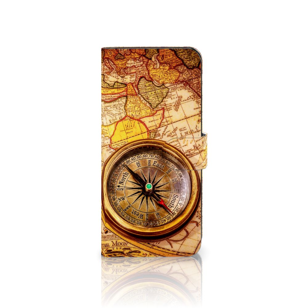 Motorola Edge 40 Flip Cover Kompas met vintage kaart en kompas, symboliseert reizen en biedt bescherming.