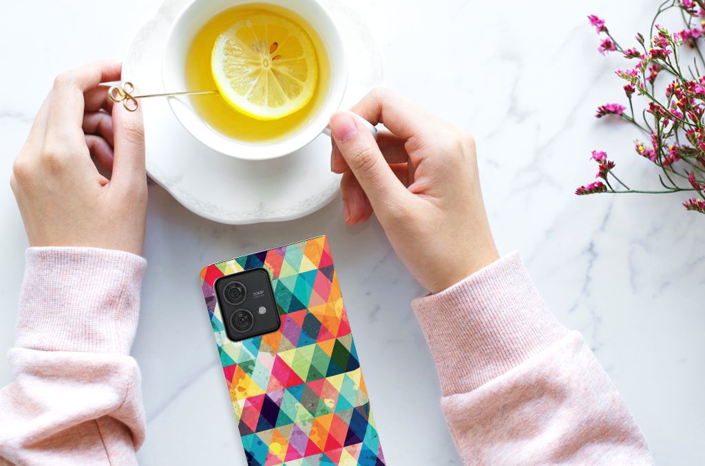 Motorola Edge 40 Neo Hoesje met Magneet Geruit kleurrijk design bovenaanzicht
