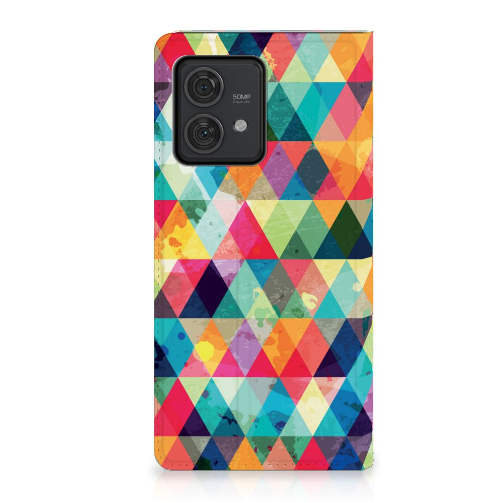 Motorola Edge 40 Neo Hoesje met Magneet Geruit kleurrijk ruitjes design aanzicht