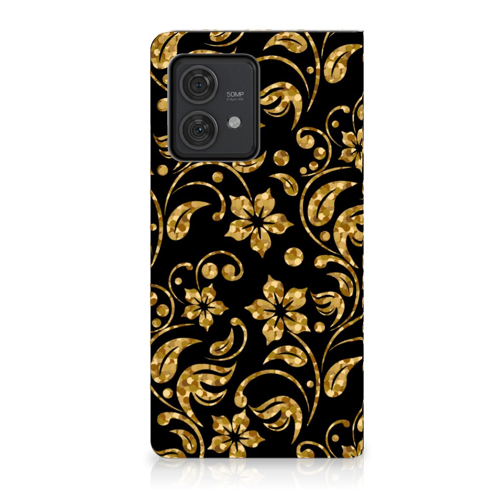 Motorola Edge 40 Neo Smart Cover Gouden Bloemen bloemen zwart design achterkant