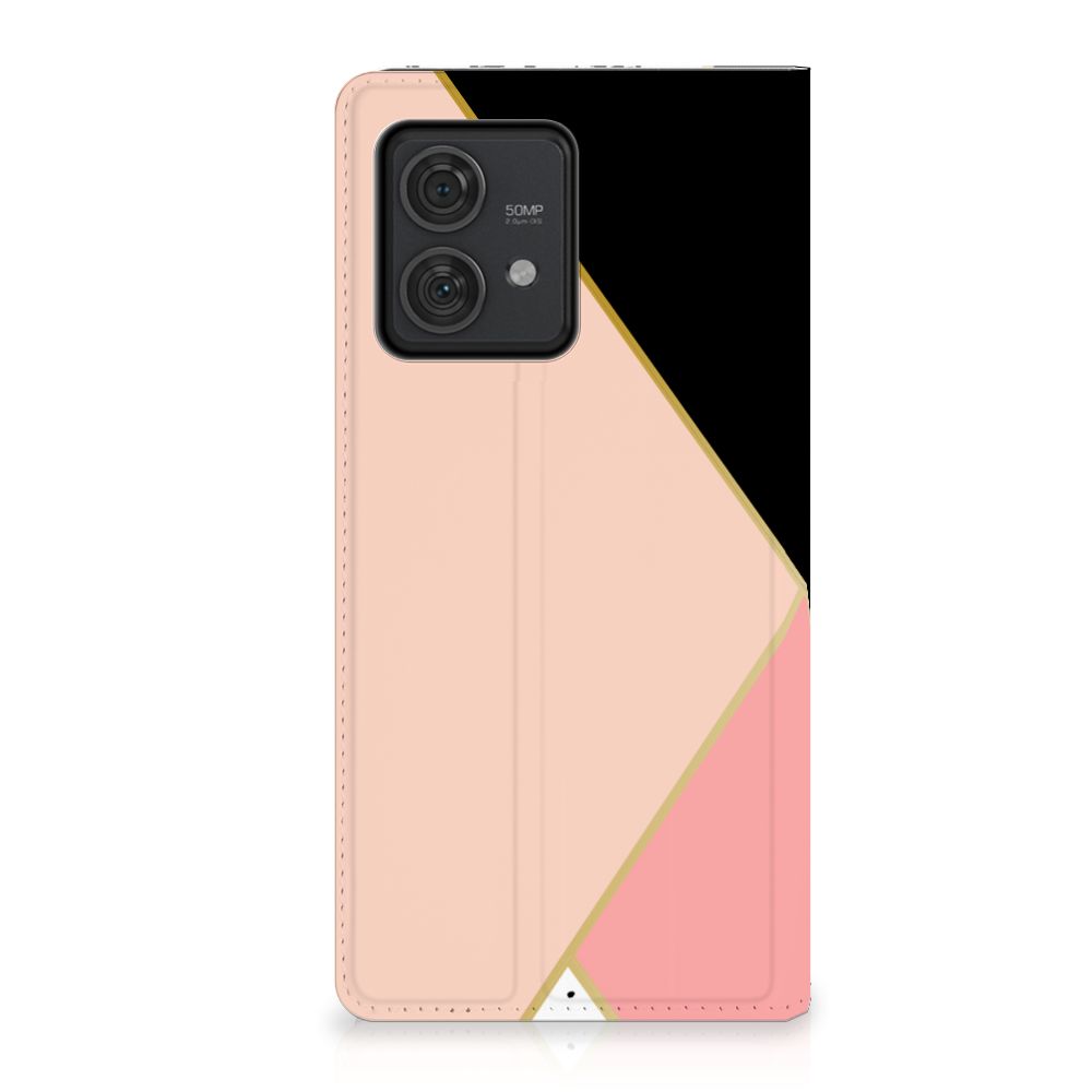 Motorola Edge 40 Neo Stand Case Zwart Roze Vormen design geometrisch aanzicht