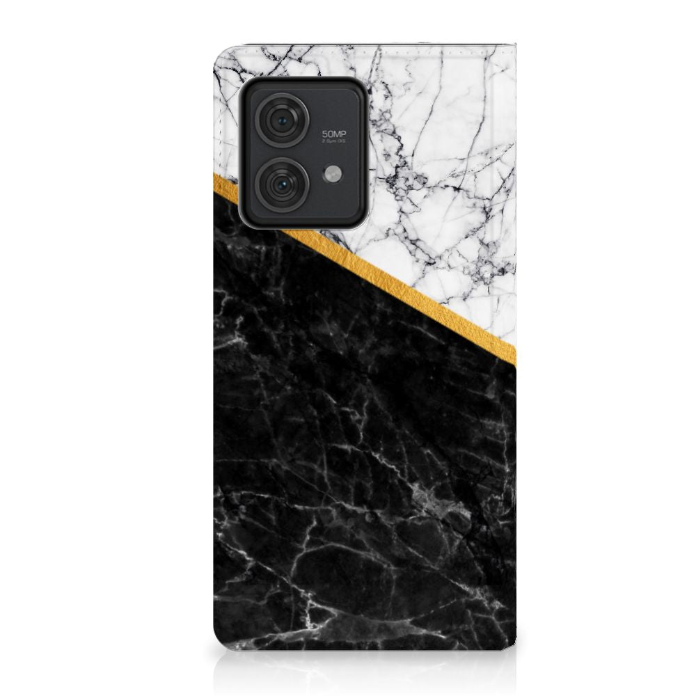 Motorola Edge 40 Neo Standcase Marmer Wit Zwart design zwartwit marmer aanzicht
