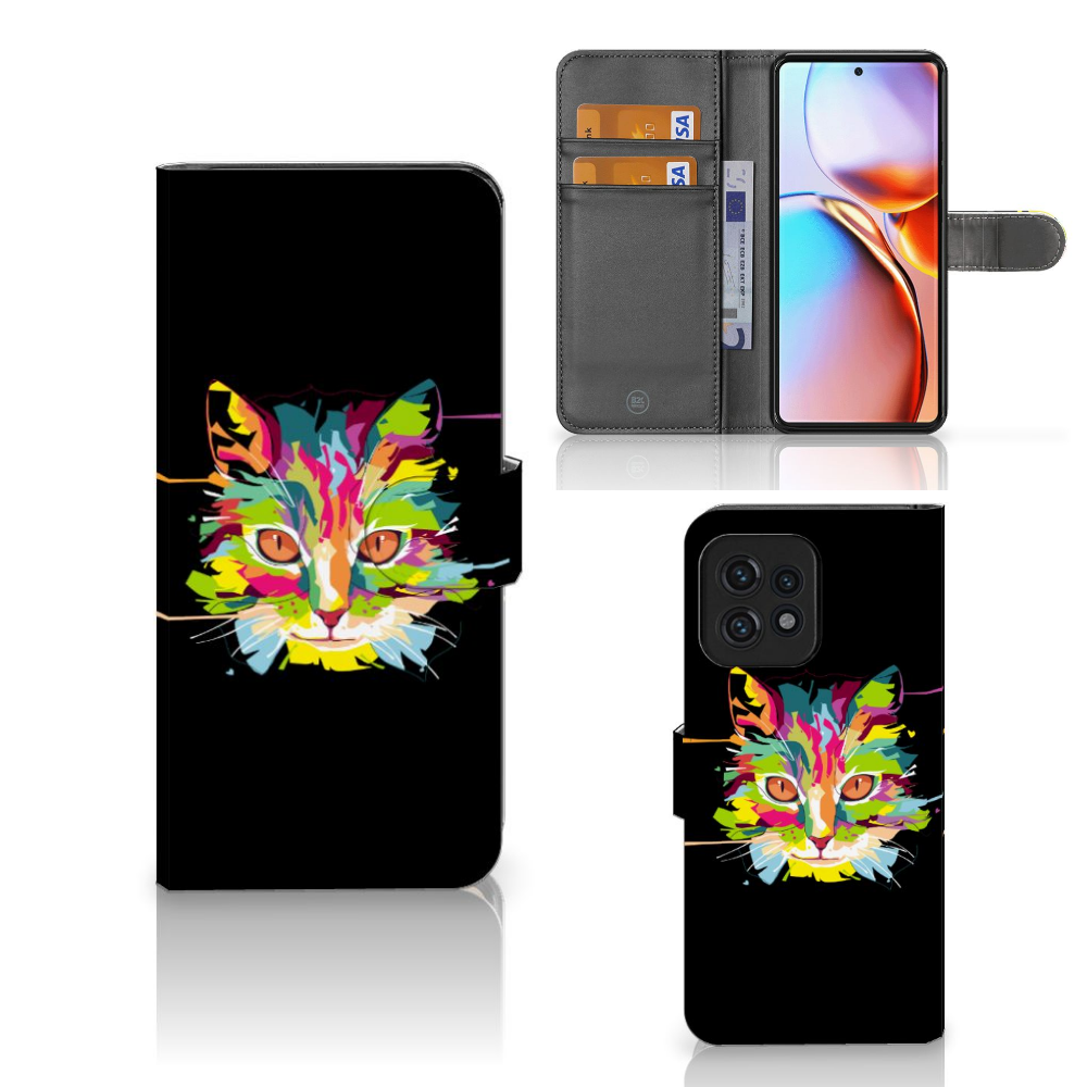 Motorola Edge 40 Pro Leuk Hoesje Cat Color met kleurrijke kattenafbeelding en een elegante zwarte achtergrond.