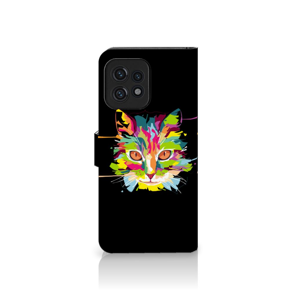 Motorola Edge 40 Pro Leuk Hoesje Cat Color met kleurrijke kattenafbeelding op zwarte achtergrond 🎨