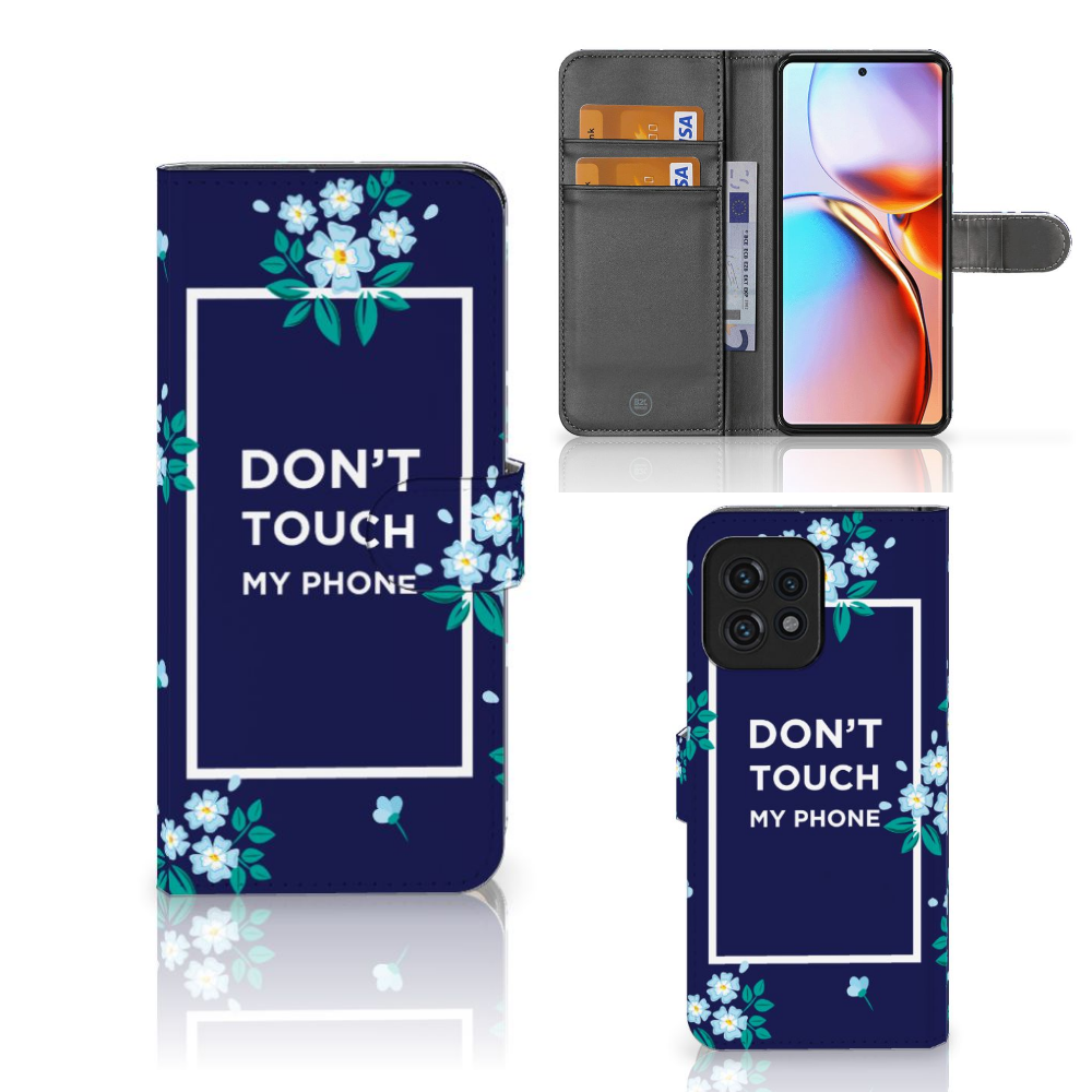 Motorola Edge 40 Pro Portemonnee Hoesje Flowers Blue DTMP met 'Don't Touch My Phone' ontwerp en ruimte voor pasjes.