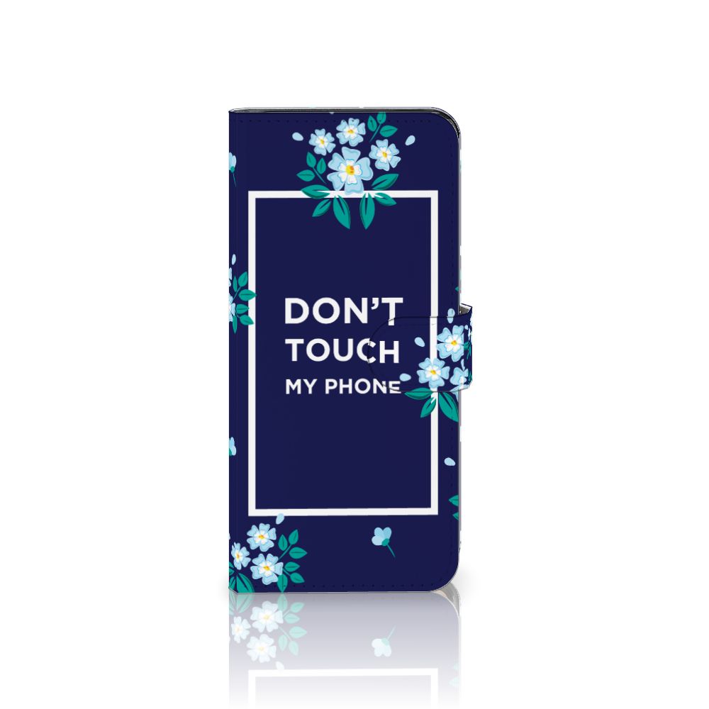 Motorola Edge 40 Pro Portemonnee Hoesje Flowers Blue DTMP met opvallend bloemen ontwerp en tekst "DON'T TOUCH MY PHONE".