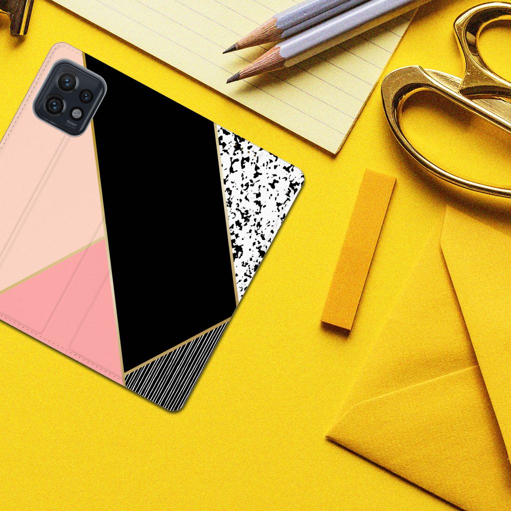Motorola Edge 40 Pro Stand Case Zwart Roze Vormen design aanzicht