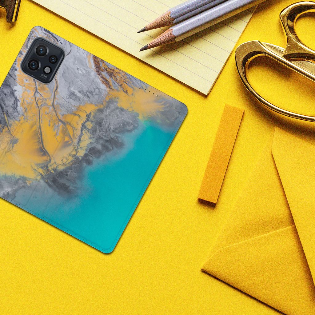 Motorola Edge 40 Pro Standcase Marble Blue Gold designnaam bovenaanzicht