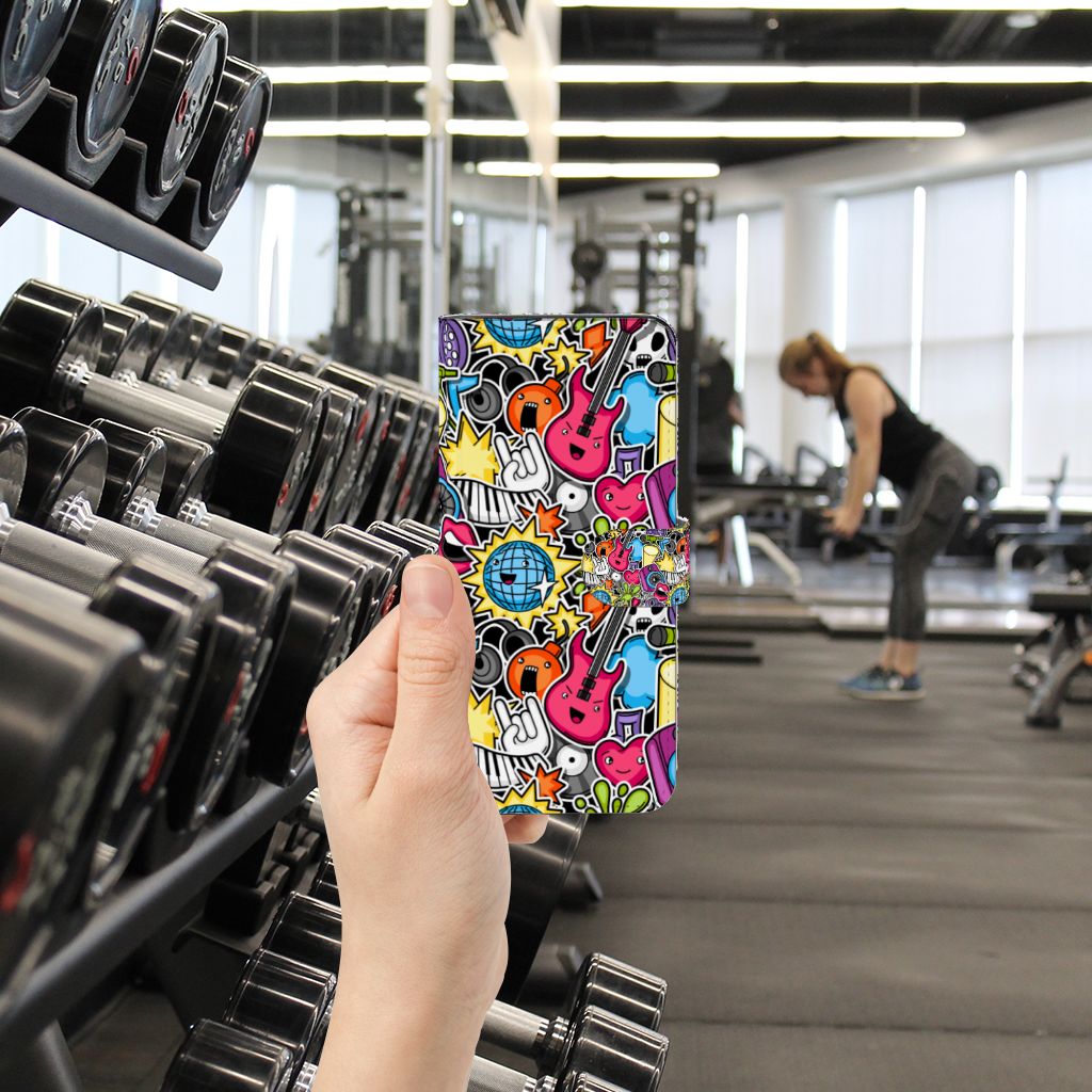 Motorola Edge 40 Pro Wallet Case met Pasjes Punk Rock kleurrijk ontwerp detail in hand sportzaal