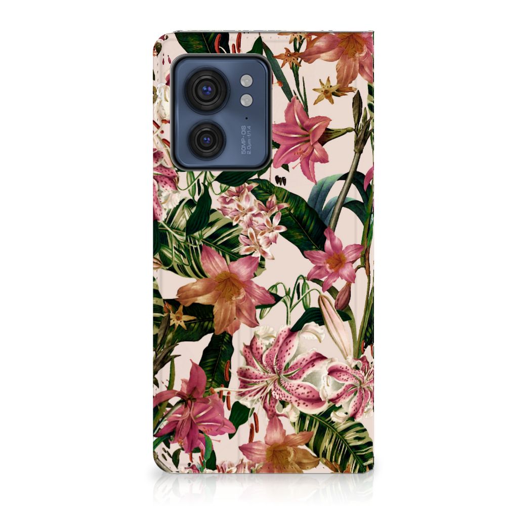Motorola Edge 40 Smart Cover Flowers bloemen groen roze aanzicht