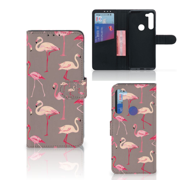 Motorola G8 Power Telefoonhoesje met Pasjes Flamingo hoesje flamingo design vooraanzicht