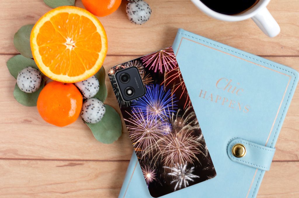 Motorola Moto E13 4G Hippe Standcase Vuurwerk siervuurwerk design bovenaanzicht