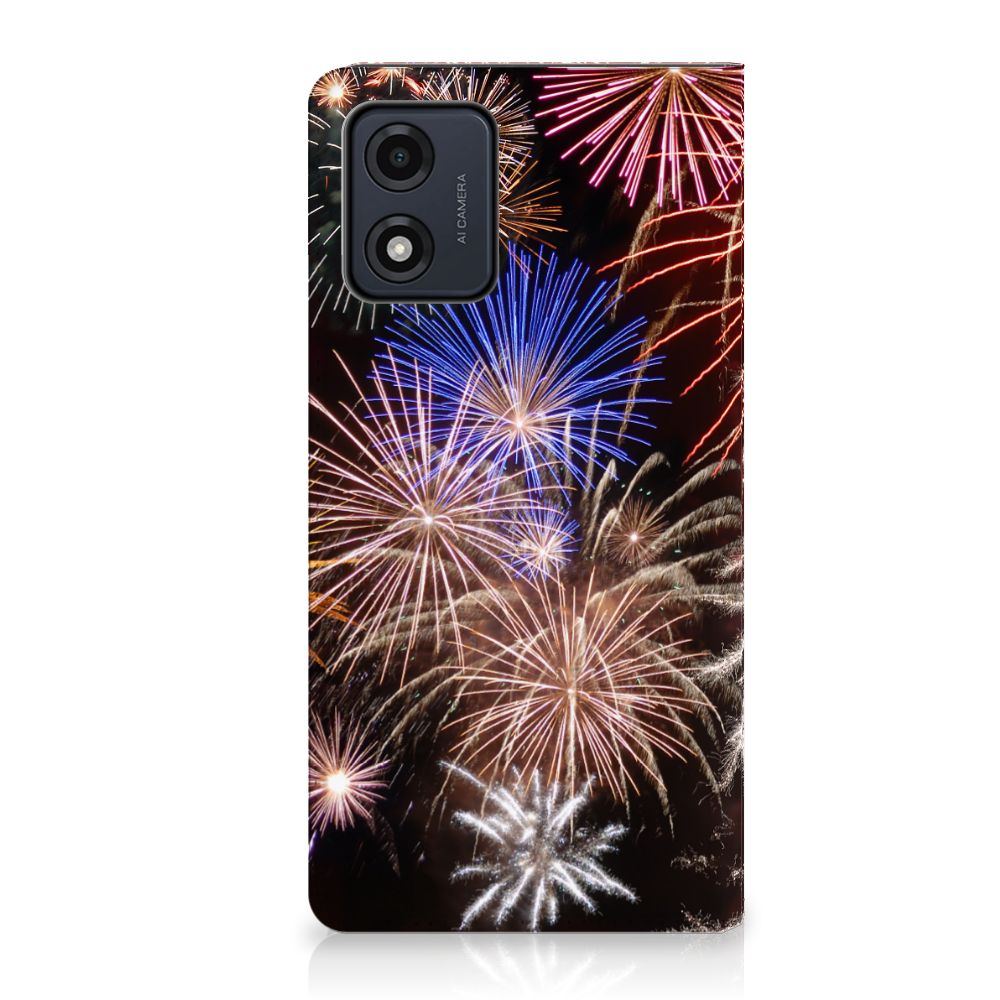 Motorola Moto E13 4G Hippe Standcase Vuurwerk siervuurwerk kleurrijk ontwerp achterkant