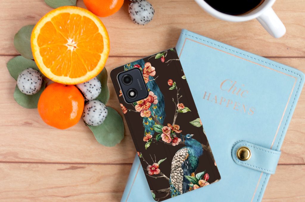 Motorola Moto E13 4G Hoesje maken Pauw met Bloemen stand case pauw bloemen aanzicht
