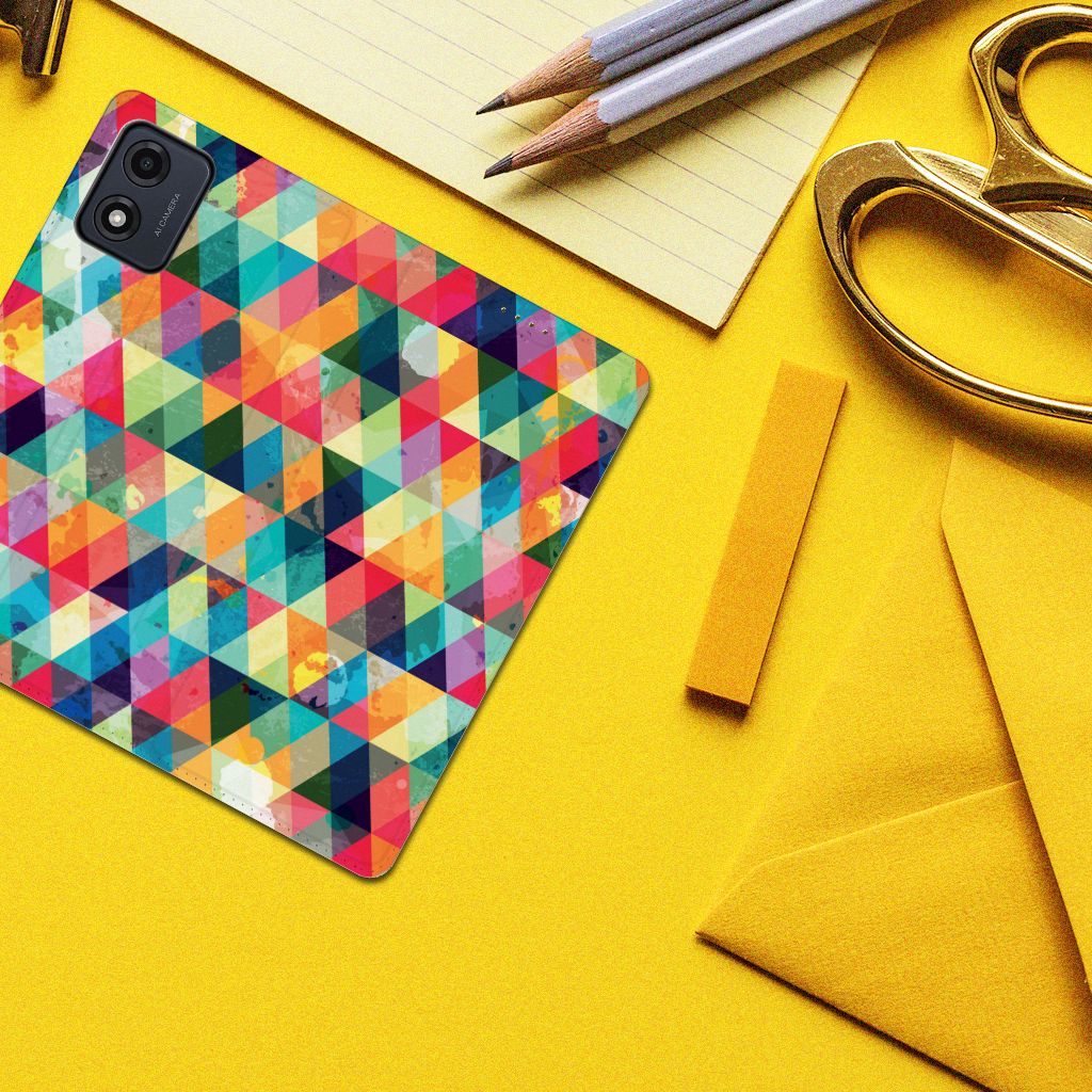 Motorola Moto E13 4G Hoesje met Magneet Geruit geruit design kleurrijk bovenaanzicht