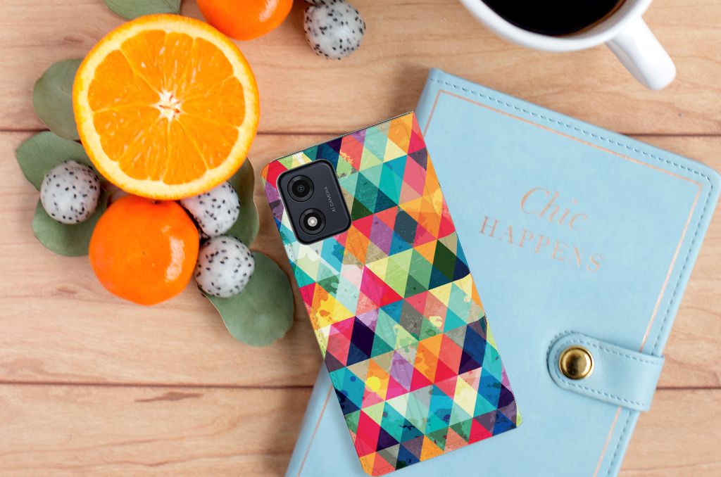 Motorola Moto E13 4G Hoesje met Magneet Geruit kleurrijk ontwerp bovenaanzicht