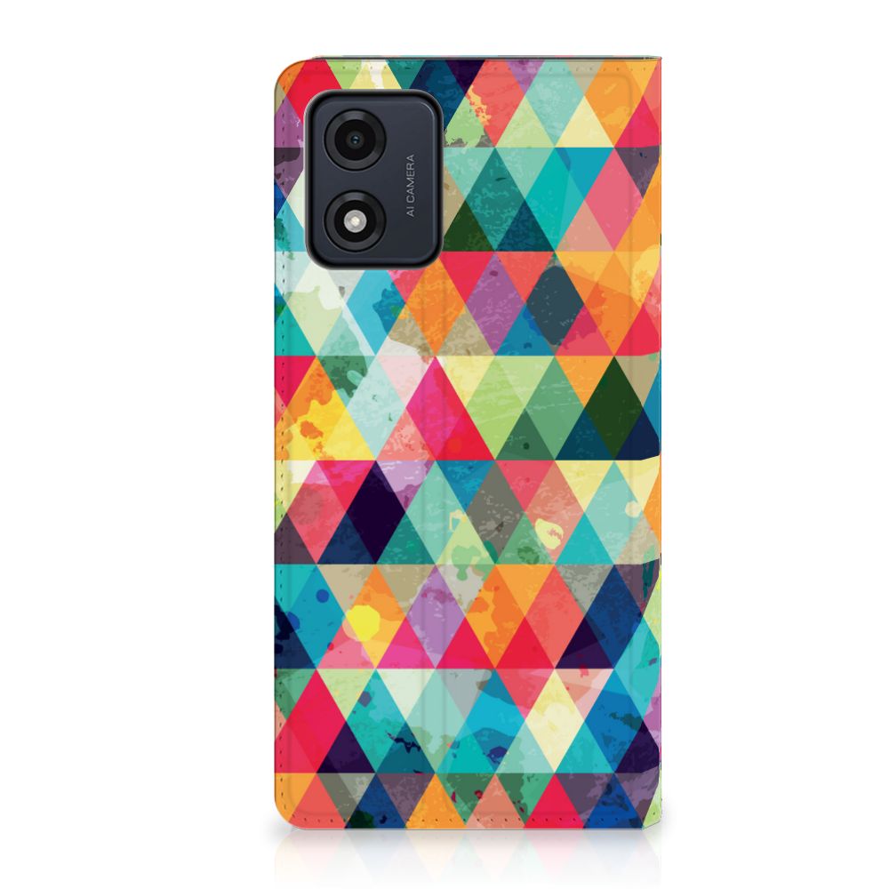 Motorola Moto E13 4G Hoesje met Magneet Geruit kleurige driehoekjes design