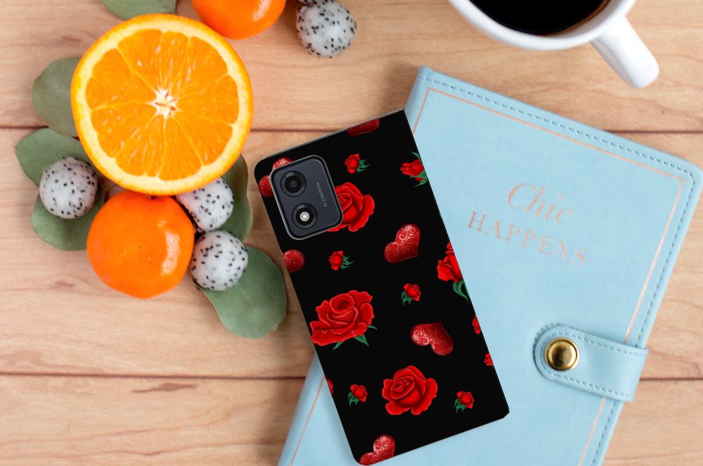 Motorola Moto E13 4G Magnet Case Valentine telefoonhoesje hartjes rozen aanzicht