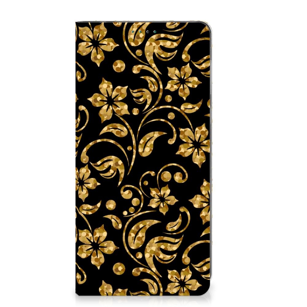 Motorola Moto E13 4G Smart Cover Gouden Bloemen bloemen design voorkant