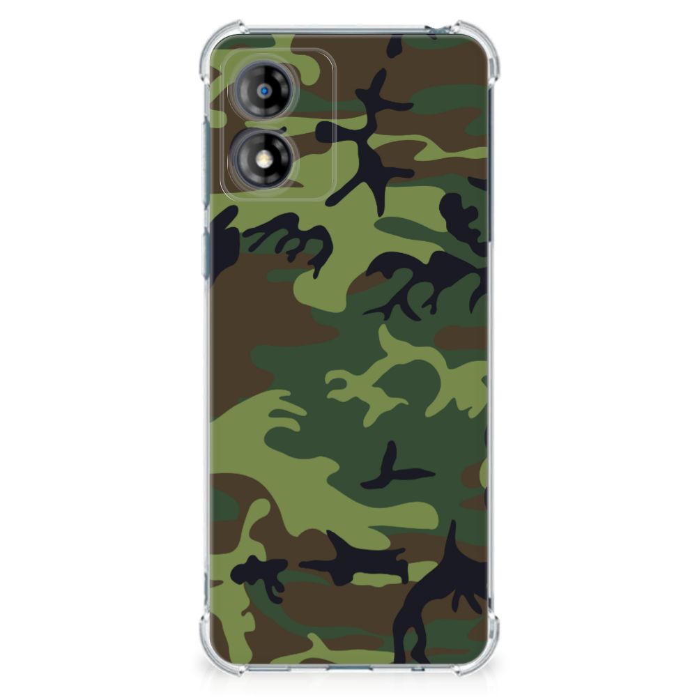 Motorola Moto E13 Doorzichtige Silicone Hoesje Army Dark camouflage design achterkant