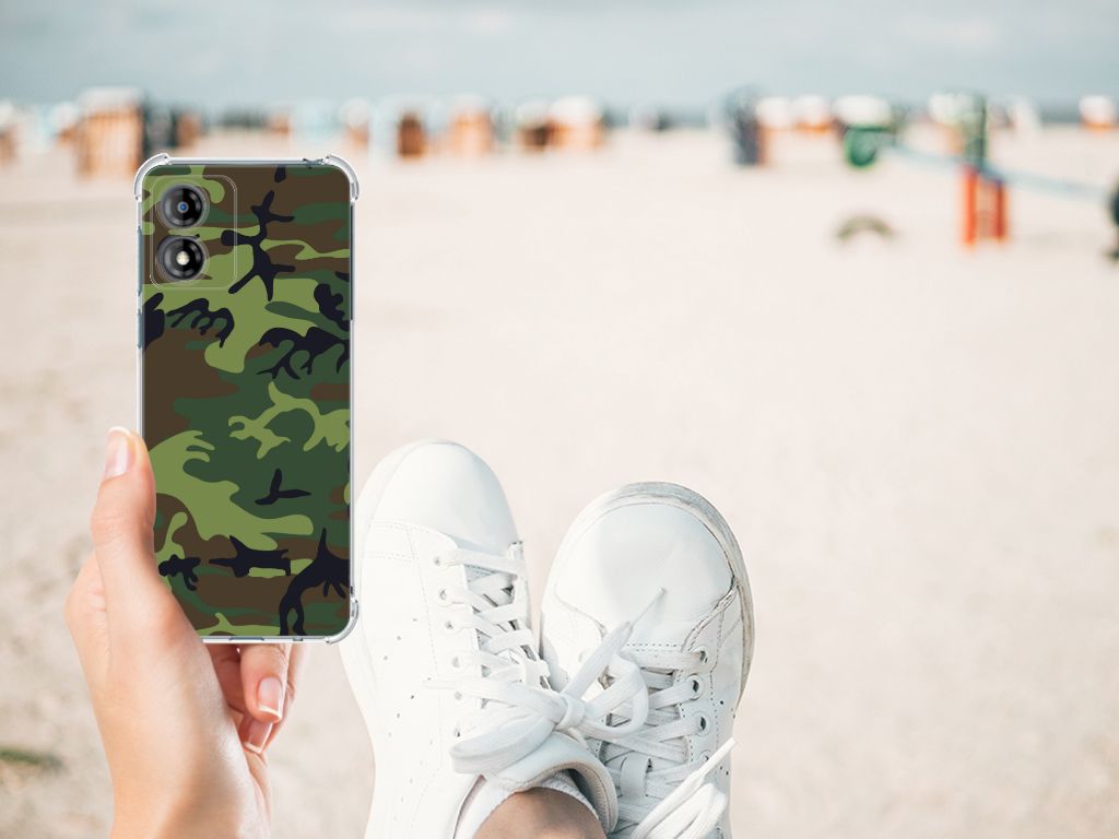 Motorola Moto E13 Doorzichtige Silicone Hoesje Army Dark design vooraanzicht