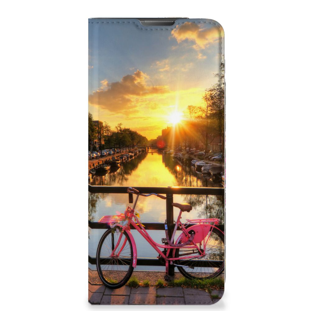 Motorola Moto E20 Book Cover Amsterdamse Grachten ontwerp fiets roze zonsondergang aanzicht