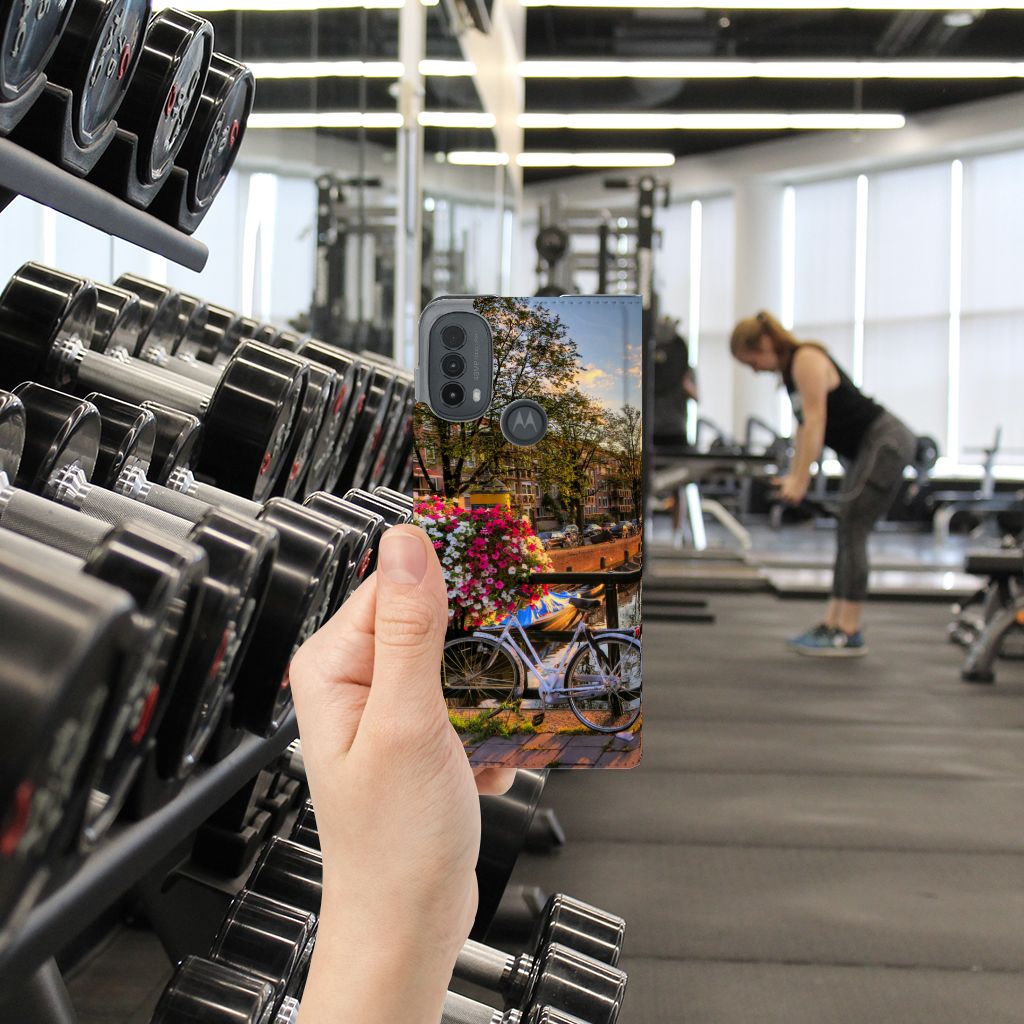 Motorola Moto E20 Book Cover Amsterdamse Grachten hand houder fitness ruimte