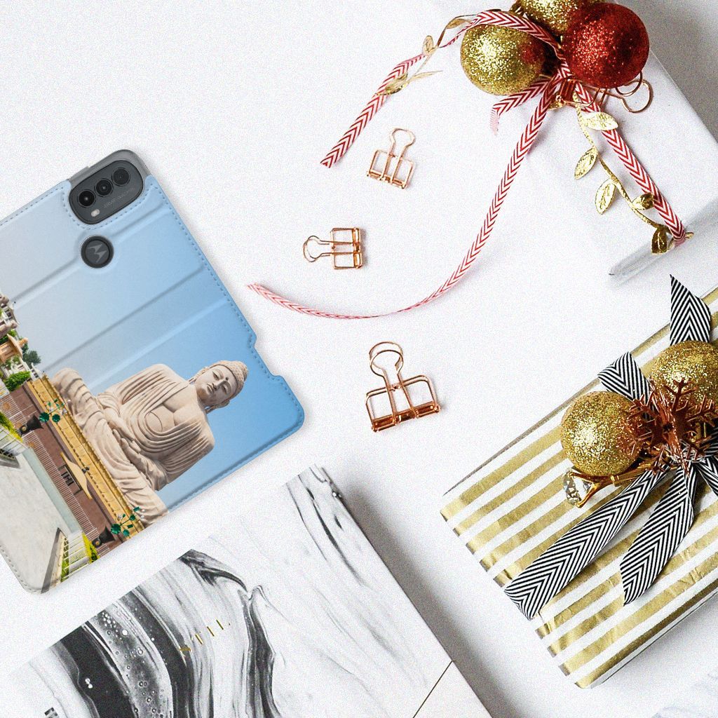 Motorola Moto E20 Book Cover Boeddha boeddha print smartphone hoesje bovenansicht