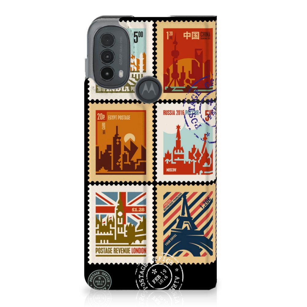 Motorola Moto E20 Book Cover Postzegels postzegels design case voorzijde