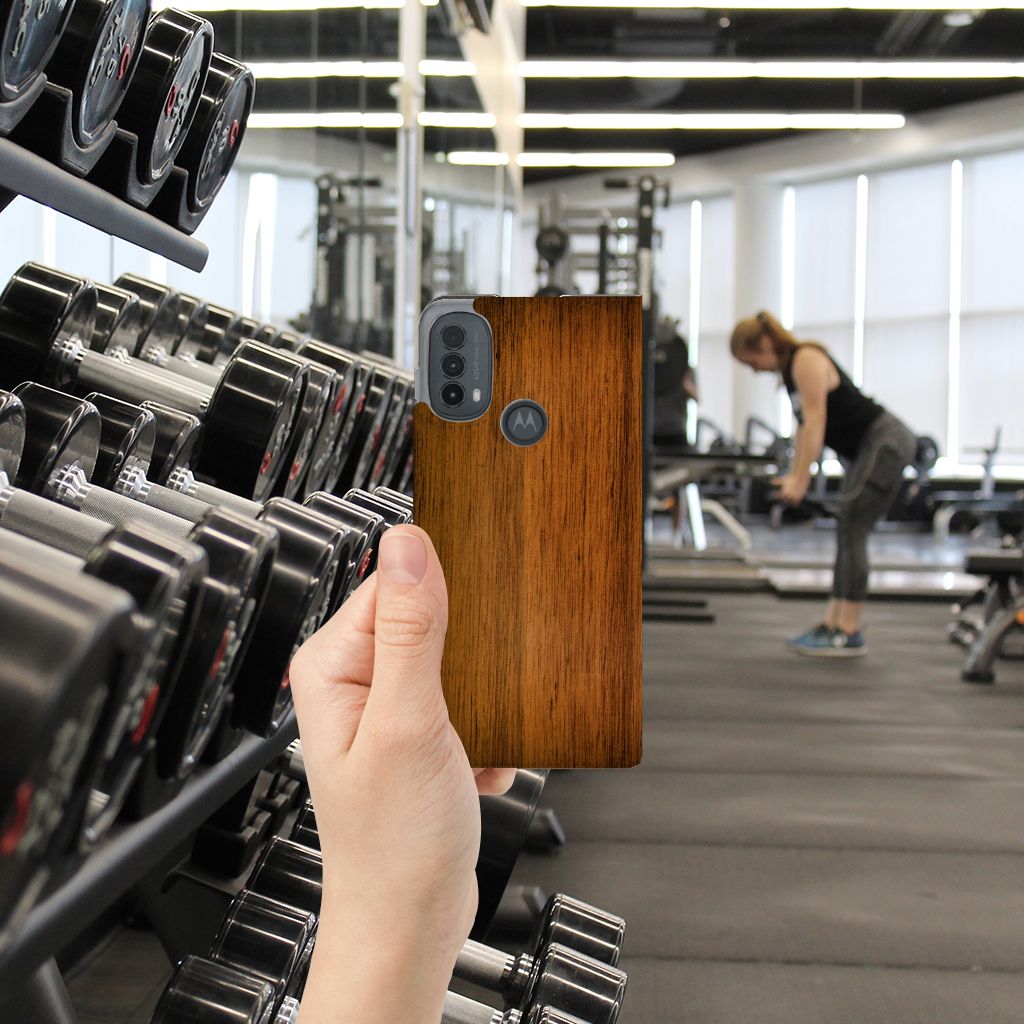 Motorola Moto E20 Book Wallet Case Donker Hout hand gym gewichtheffen