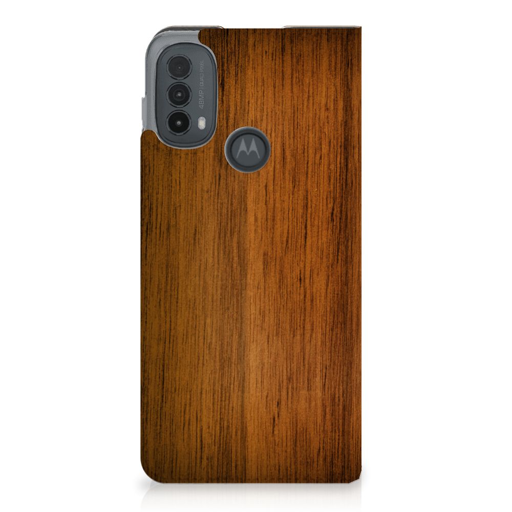 Motorola Moto E20 Book Wallet Case Donker Hout achterkant houtlook