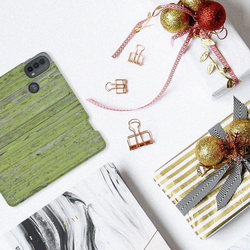Motorola Moto E20 Book Wallet Case Green Wood design groen hout aanzicht