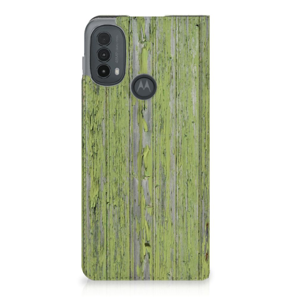 Motorola Moto E20 Book Wallet Case Green Wood ontwerp groen hout achterzijde