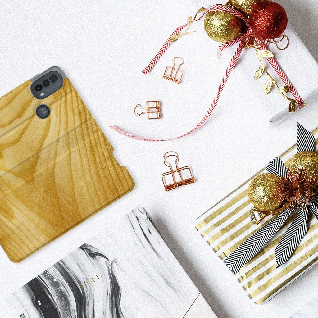 Motorola Moto E20 Book Wallet Case Licht Hout design licht hout bovenaanzicht