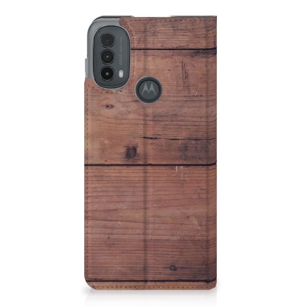 Motorola Moto E20 Book Wallet Case Old Wood design oud hout aanzicht